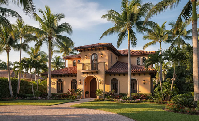 Florida home featuring a terra cotta tile roof in a Mediterranean architectural style