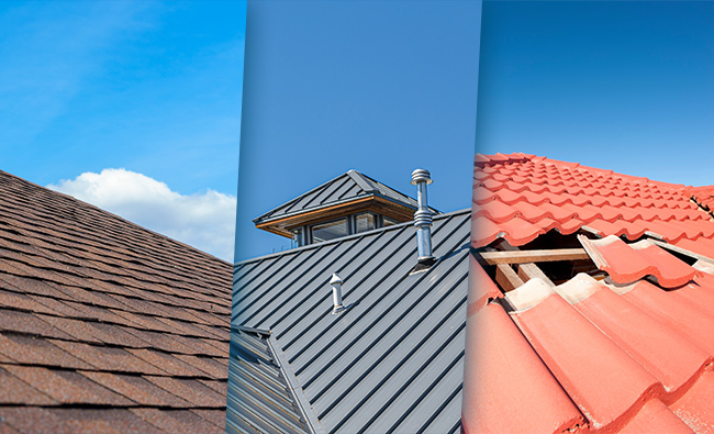 different asphalt shingle roof, metal roof, tile roof