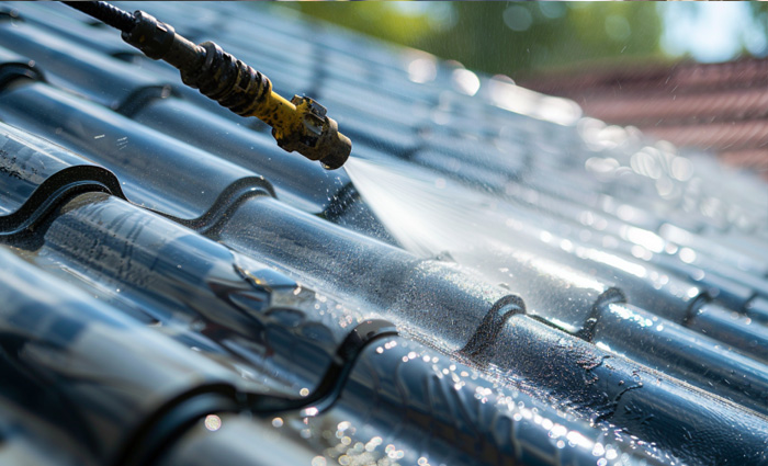 roofer cleaning a metal roof with a power washer