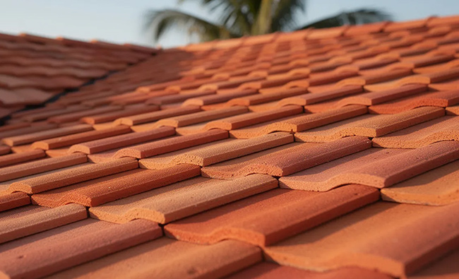 close-up concrete roof tiles in a terracotta color, used on Florida homes