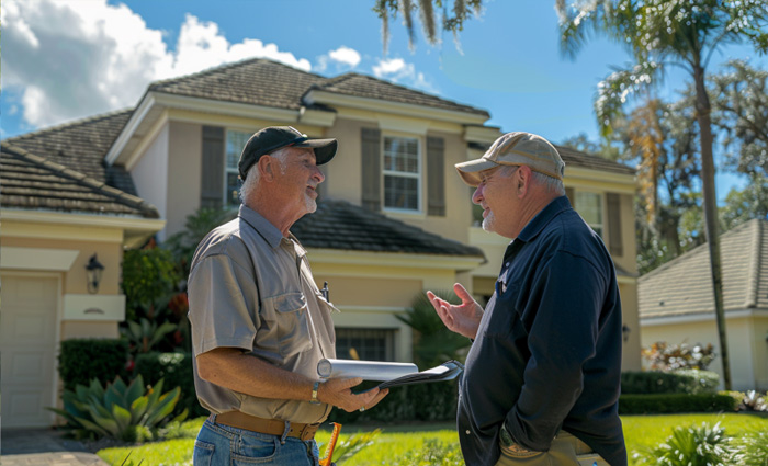 homeowner discussing roof inspection results with a professional roofer