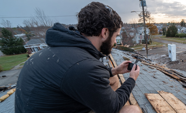 homeowner documenting wind damage to their roof