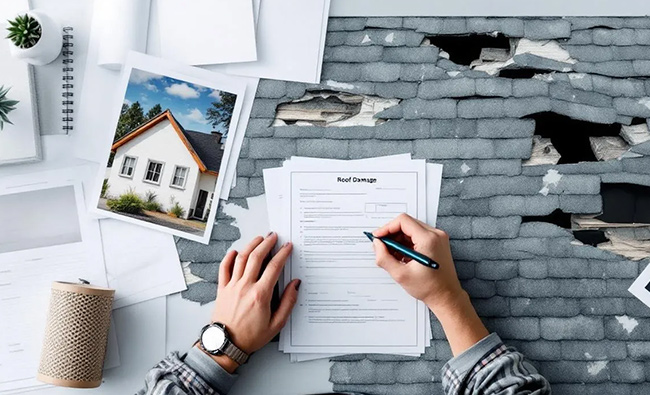 homeowner filing a roof damage insurance claim with documents
