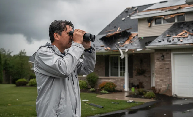 homeowner using binoculars to inspect their roof for storm damage