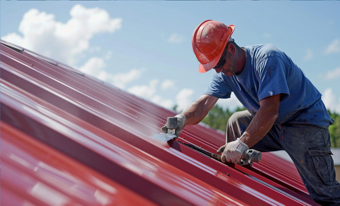 painter painting a metal roof home in The Villages Florida