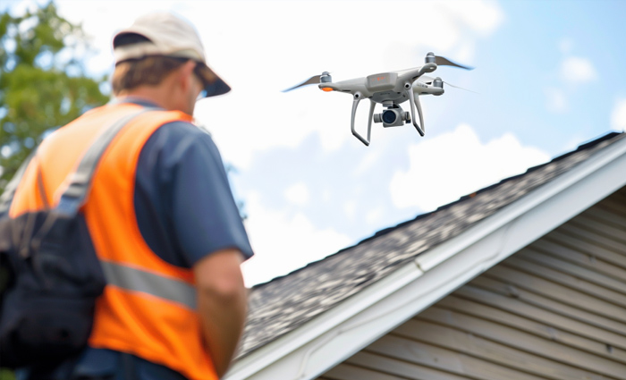 contractor using a drone to inspect a roof